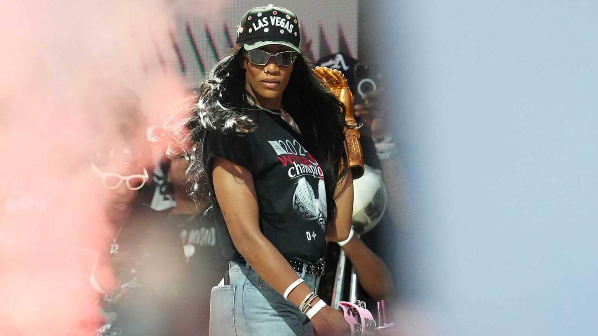 Las Vegas Aces center A'Ja Wilson (22) is introduced during the Aces 2025 WNBA Championship celebration at Toshiba Plaza.