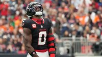 Houston Texans linebacker Azeez Al-Shaair (0) reacts after a play during the first half against the Denver Broncos at NRG Stadium.