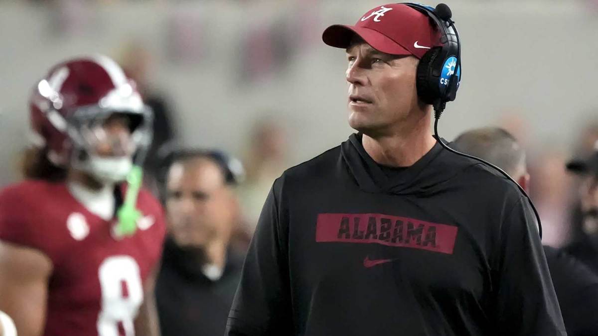 Alabama head coach Kalen DeBoer walks the sidelines in his black hoodie during the game with LSU at Saban Field at Bryant-Denny Stadium.