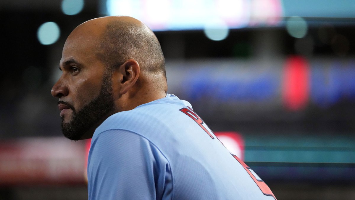 St. Louis Cardinals designated hitter Albert Pujols (5) looks on against the Arizona Diamondbacks during the eighth inning at Chase Field.