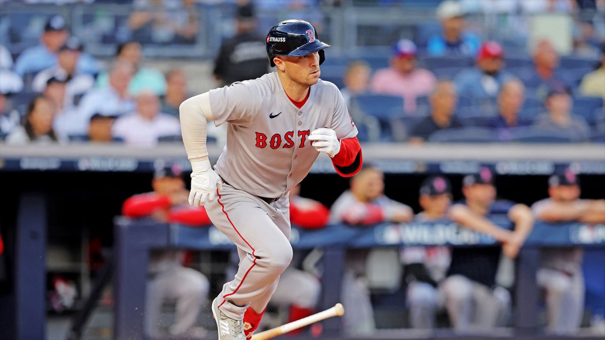 Boston Red Sox third base Alex Bregman (2) hits a single during the first inning against the New York Yankees during game one of the Wildcard round for the 2025 MLB playoffs at Yankee Stadium.