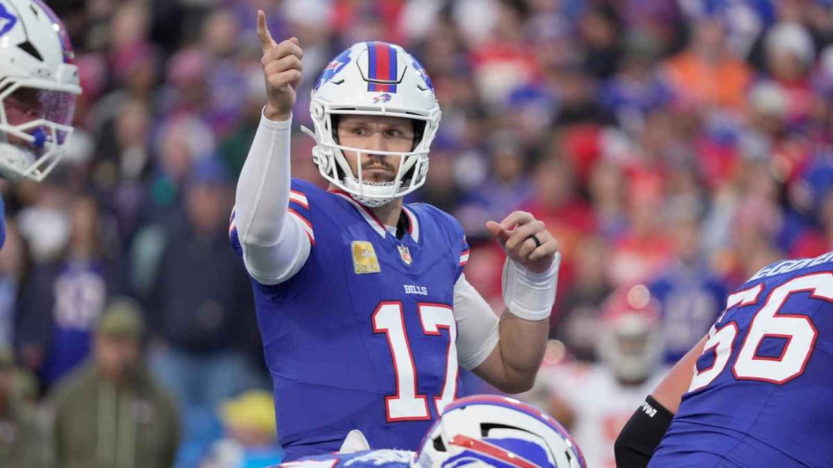 Buffalo Bills quarterback Josh Allen signals to the offensive line during first half action against the Kansas City Chiefs at Highmark Stadium in Orchard Park on Nov. 2, 2025.