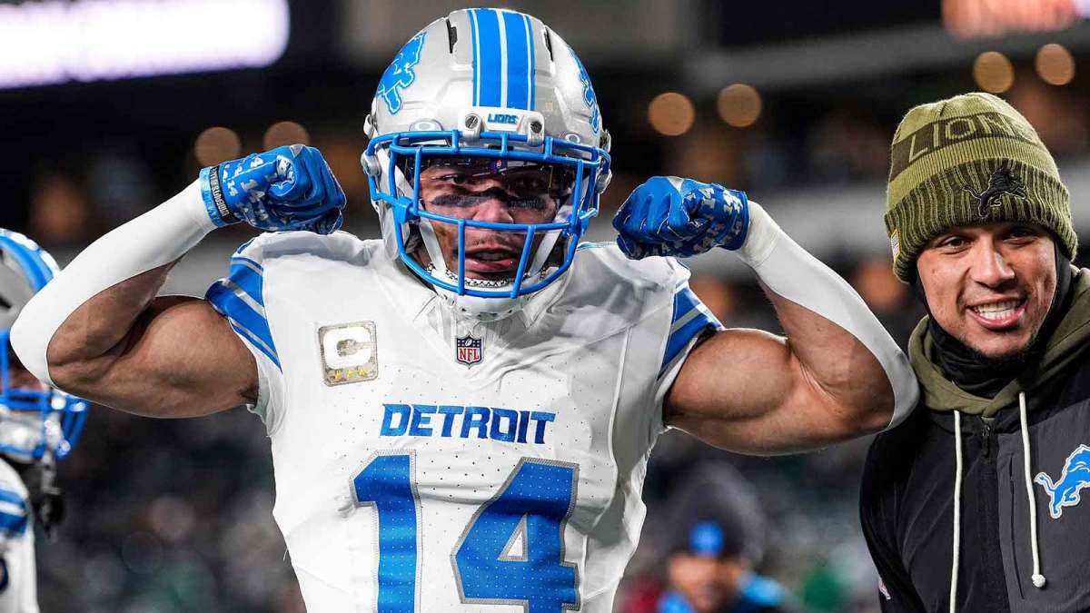 Detroit Lions wide receiver Amon-Ra St. Brown (14) poses for a photo at warmup ahead of the Philadelphia Eagles game at Lincoln Financial Field in Philadelphia.