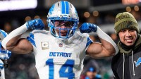 Detroit Lions wide receiver Amon-Ra St. Brown (14) poses for a photo at warmup ahead of the Philadelphia Eagles game at Lincoln Financial Field in Philadelphia.