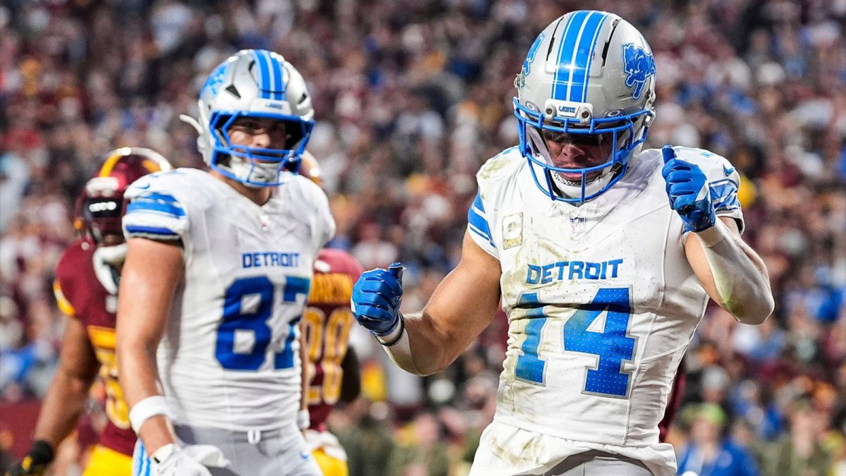 Detroit Lions Amon-Ra St. Brown during the President Donald Trump touchdown dance against the Washington Commanders.