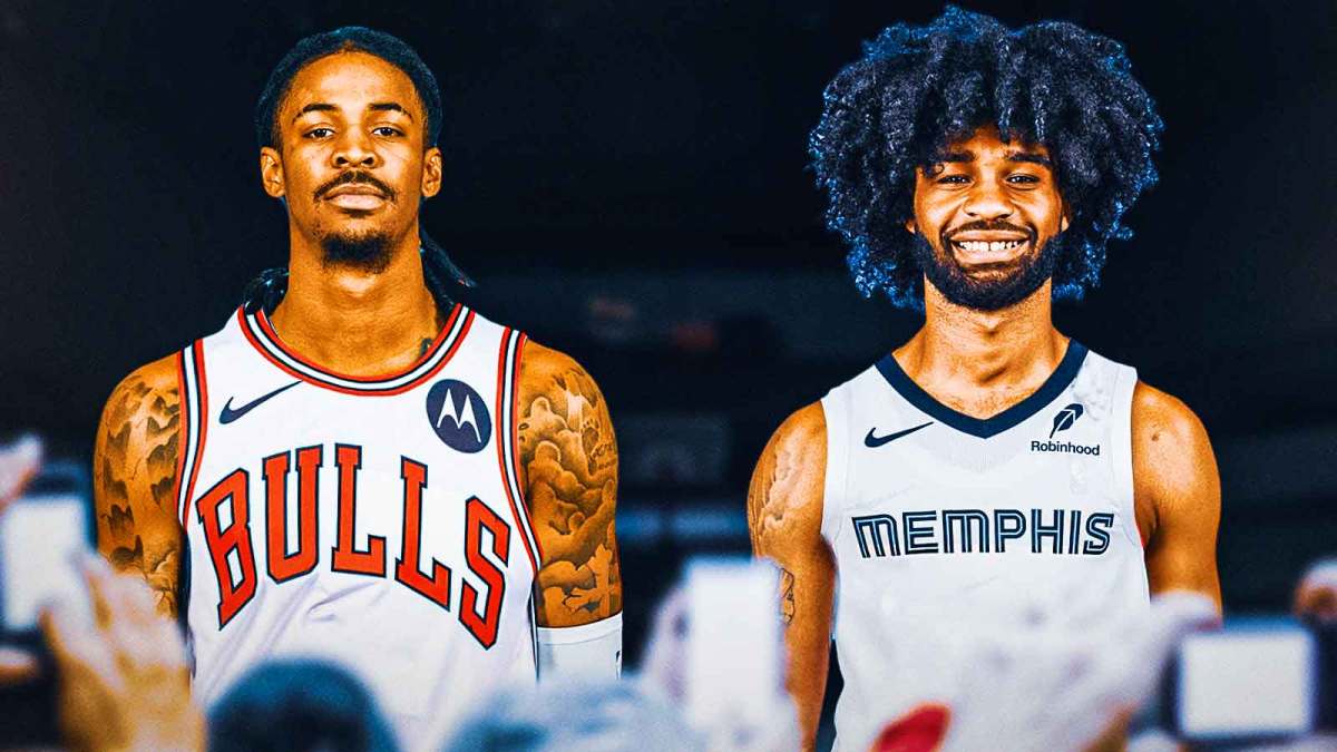 Graphic with Ja Morant in a Bulls Jersey and Coby White in a Grizzlies jersey.