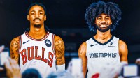 Graphic with Ja Morant in a Bulls Jersey and Coby White in a Grizzlies jersey.
