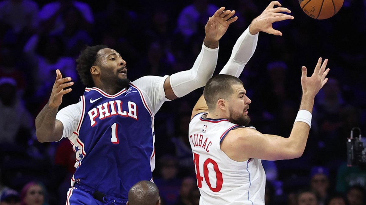 Philadelphia 76ers center Andre Drummond (1) blocks the shot of LA Clippers center Ivica Zubac (40) during the fourth quarter at Xfinity Mobile Arena.