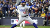 Chicago Cubs pitcher Andrew Kittredge (59) pitches against the Milwaukee Brewers in the sixth inning during game five of the NLDS round for the 2025 MLB playoffs at American Family Field.