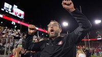 Stanford Cardinal general manager Andrew Luck celebrates after defeating the Boston College Eagles at Stanford Stadium.