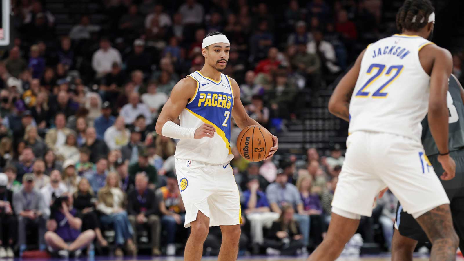 Indiana Pacers guard/forward Andrew Nembhard (2) controls the ball during the second half against the Utah Jazz at Delta Center. 