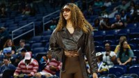 Chicago Sky forward Angel Reese (5) stands on the sidelines before a WNBA game against the New York Liberty at Wintrust Arena.