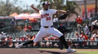 Baltimore Orioles starting pitcher Grayson Rodriguez (30) throws a pitch during the first inning against the Toronto Blue Jays at Ed Smith Stadium.