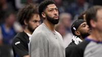 Dallas Mavericks forward Anthony Davis (3) looks on from the bench during the second half against the New York Knicks at the American Airlines Center.