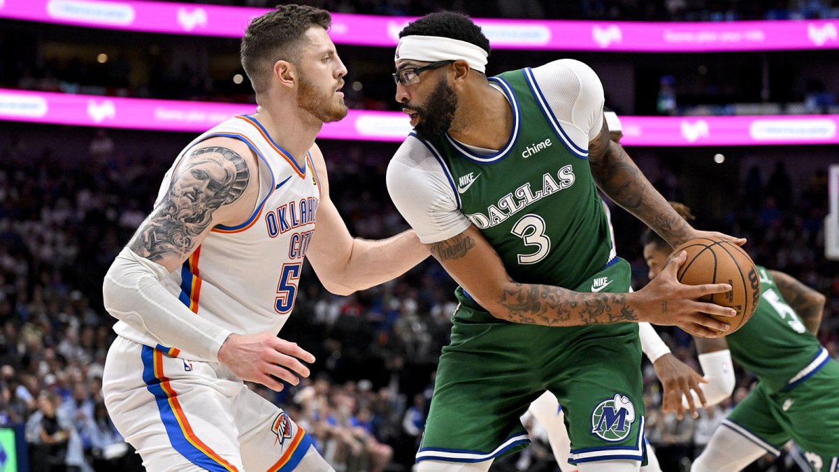 Dallas Mavericks forward Anthony Davis (3) looks to move the ball past Oklahoma City Thunder center Isaiah Hartenstein (55) during the second half at the American Airlines Center.
