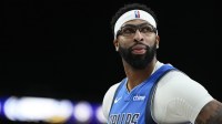 Dallas Mavericks forward Anthony Davis (3) looks outward during the first half against the Los Angeles Lakers at T-Mobile Arena.