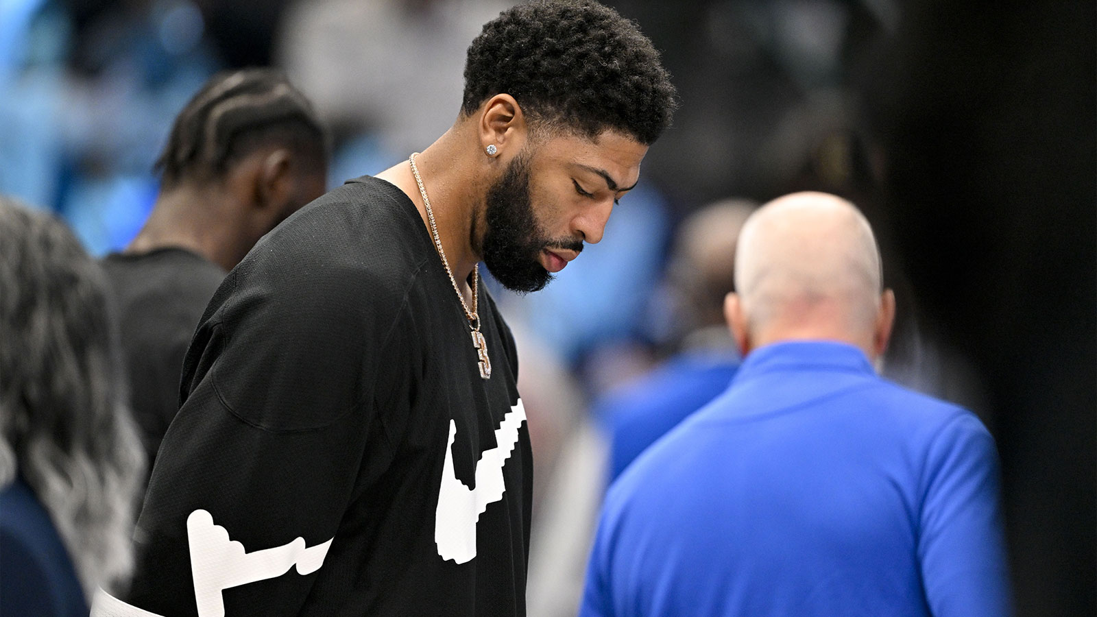 Dallas Mavericks forward Anthony Davis (3) looks down during the second half against the Memphis Grizzlies at the American Airlines Center.