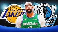 Mavericks Anthony Davis looking serious in front, close-up image. Place the Dallas Mavericks and Los Angeles Lakers logos in background.