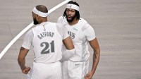 Dallas Mavericks forward Anthony Davis (3) and center Daniel Gafford (21) celebrates after Davis dunks the ball during the game between the Dallas Mavericks and the Houston Rockets at the American Airlines Center.