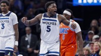 Minnesota Timberwolves guard Anthony Edwards (5) reacts after a play against the Minnesota Timberwolves during the second half at Paycom Center.