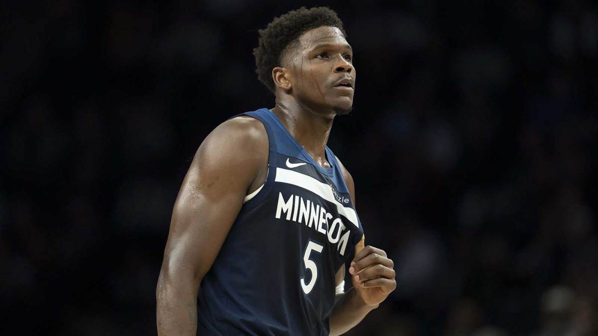 Minnesota Timberwolves guard Anthony Edwards (5) looks on against the Washington Wizards in the first half at Target Center.
