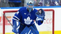 Toronto Maple Leafs goaltender Anthony Stolarz (41) takes pucks during the warmup before a game against the Utah Mammoth at Scotiabank Arena.