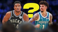 Bucks Giannis Antetokounmpo and Hornets LaMelo Ball both playing basketball. Place a question mark in the middle.