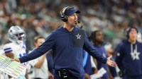 Dallas Cowboys head coach Brian Schottenheimer reacts during the third quarter against the Philadelphia Eagles at AT&T Stadium. Mandatory Credit: Kevin Jairaj-Imagn Images