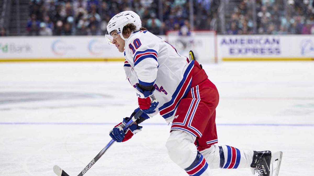 New York Rangers left wing Artemi Panarin (10) looks to take a shot on goal during the second period against the Seattle Kraken at Climate Pledge Arena.