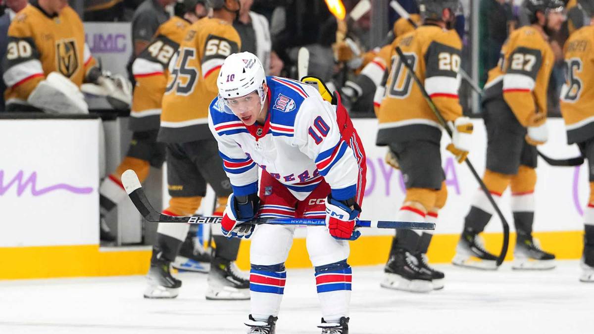 New York Rangers left wing Artemi Panarin (10) reacts after the Vegas Golden Knights defeated the Rangers 3-2 at T-Mobile Arena.
