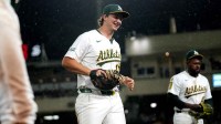 Athletics first baseman Nick Kurtz (16) jogs towards the dugout against the Houston Astros in the sixth inning at Sutter Health Park.