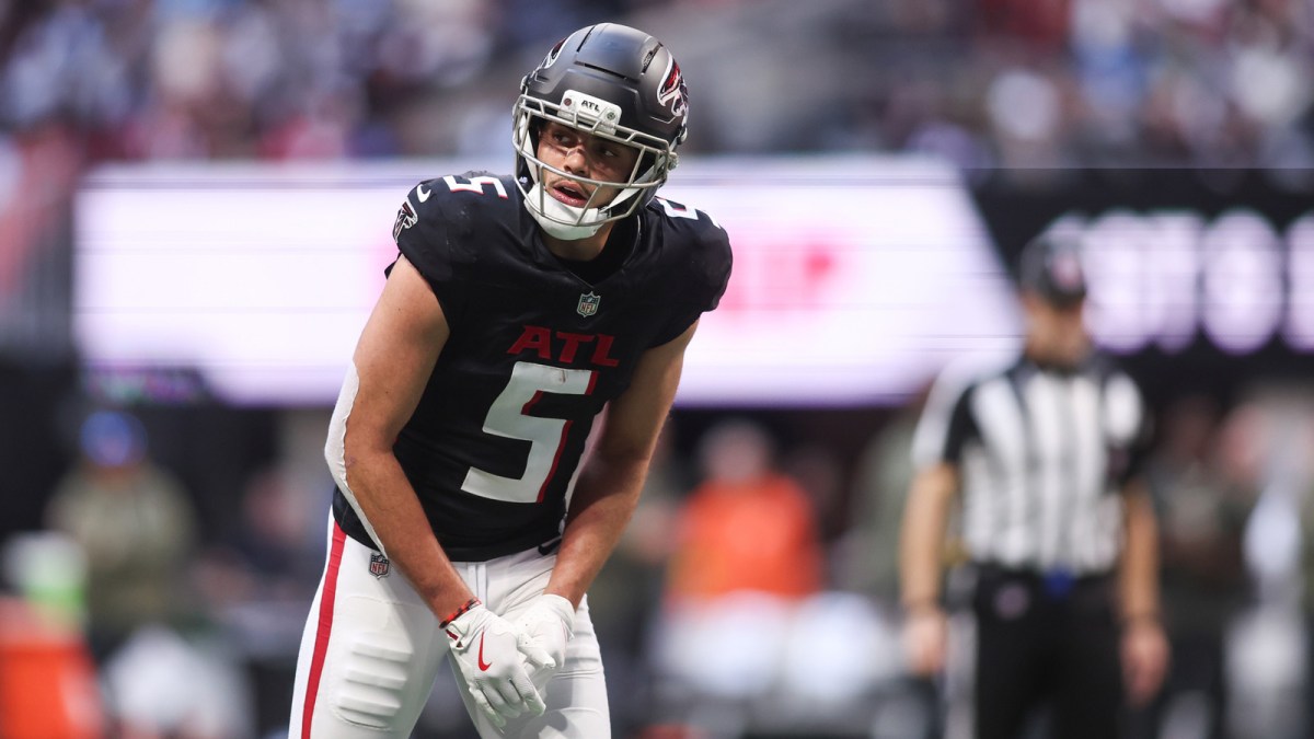 Atlanta Falcons wide receiver Drake London (5) looks on before the start of a play against the Carolina Panthers in the second quarter at Mercedes-Benz Stadium.