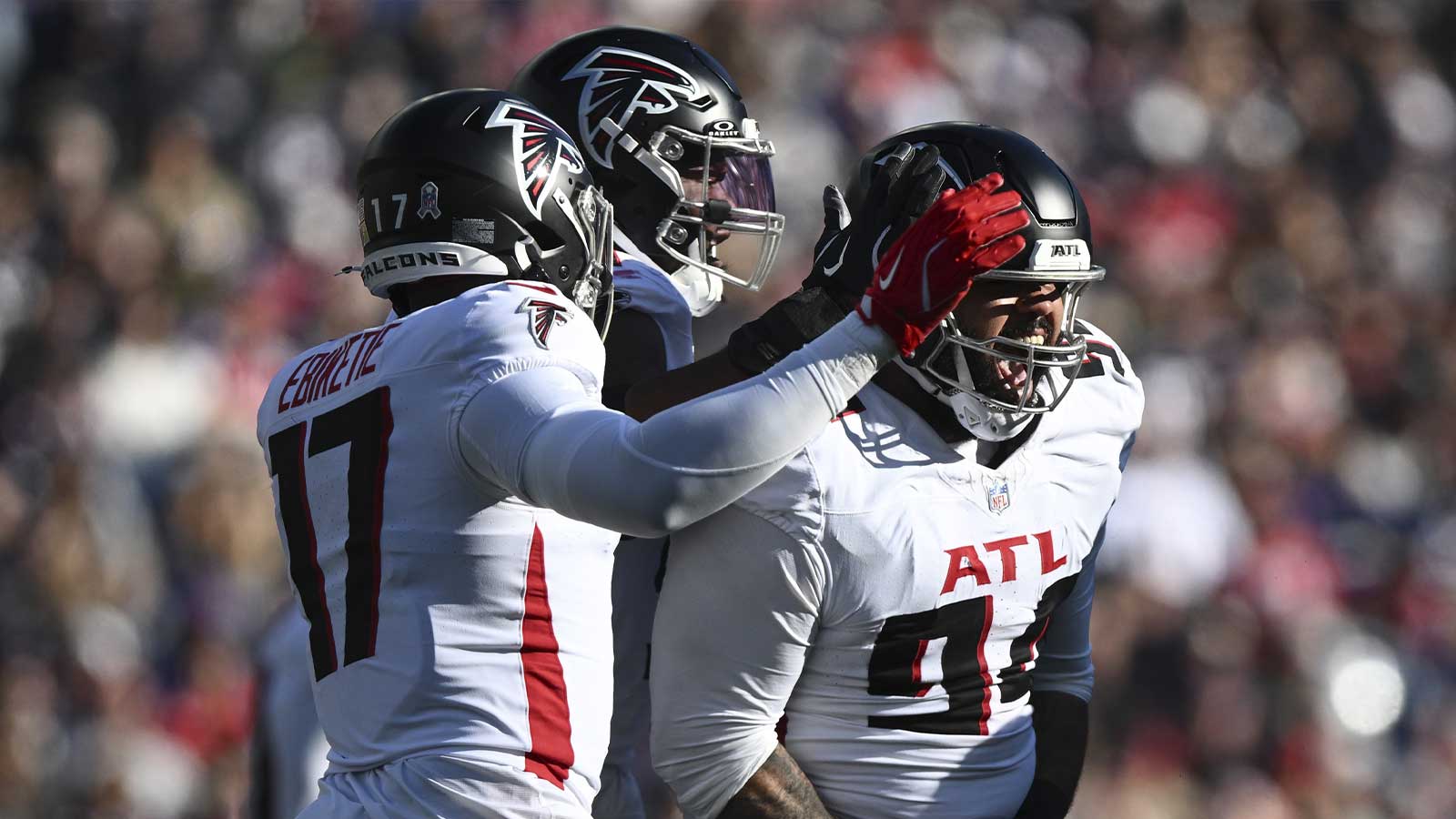 Atlanta Falcons defensive end LaCale London (94) celebrates his sack of New England Patriots quarterback Drake Maye