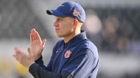 Auburn Tigers head coach DJ Durkin against the Vanderbilt Commodores during pre-game warmups at FirstBank Stadium.
