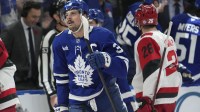 Toronto Maple Leafs forward Auston Matthews (34) skates towards his goaltender after scoring against the Carolina Hurricanes during the second period at Scotiabank Arena.