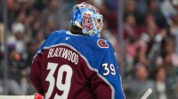 Colorado Avalanche goaltender Mackenzie Blackwood (39) during the third period against the San Jose Sharks at Ball Arena.