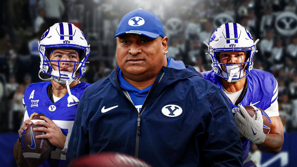 Kalani Sitake in the middle. Bear Bachmeier and LJ Martin on the outsides. BYU logo inthe background.
