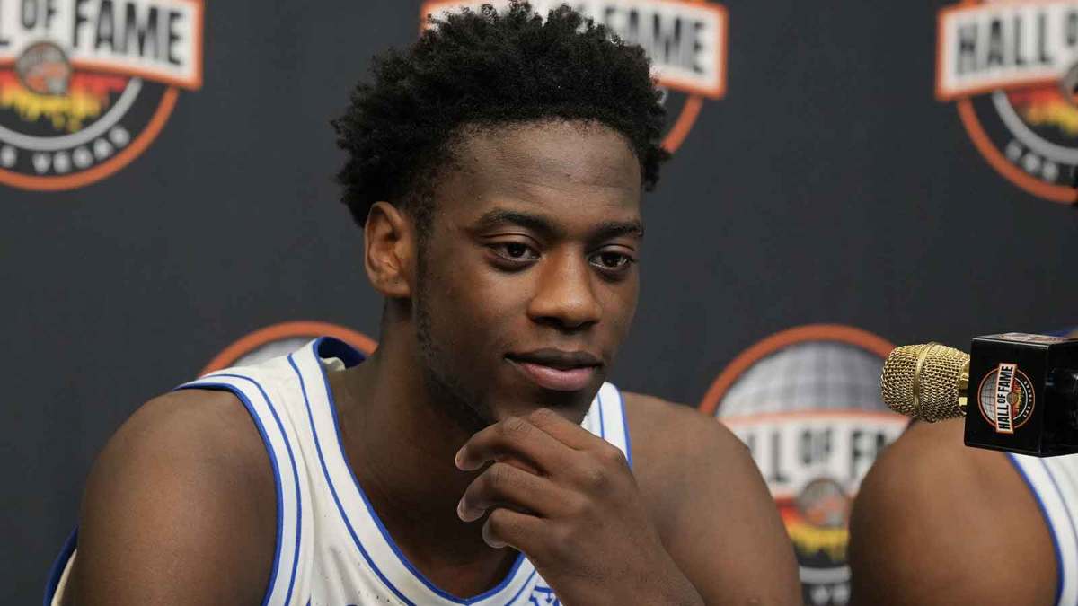 BYU Cougars forward AJ Dybantsa (3) speaks during a press conference after the Hall of Fame Series game against the Villanova Wildcats at T-Mobile Arena.