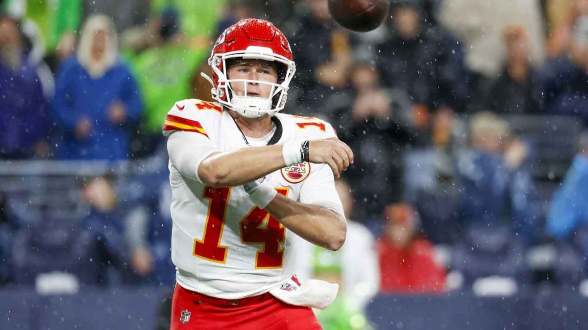 Kansas City Chiefs quarterback Bailey Zappe (14) passes against the Seattle Seahawks during the fourth quarter at Lumen Field.