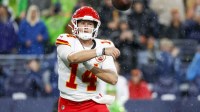 Kansas City Chiefs quarterback Bailey Zappe (14) passes against the Seattle Seahawks during the fourth quarter at Lumen Field.