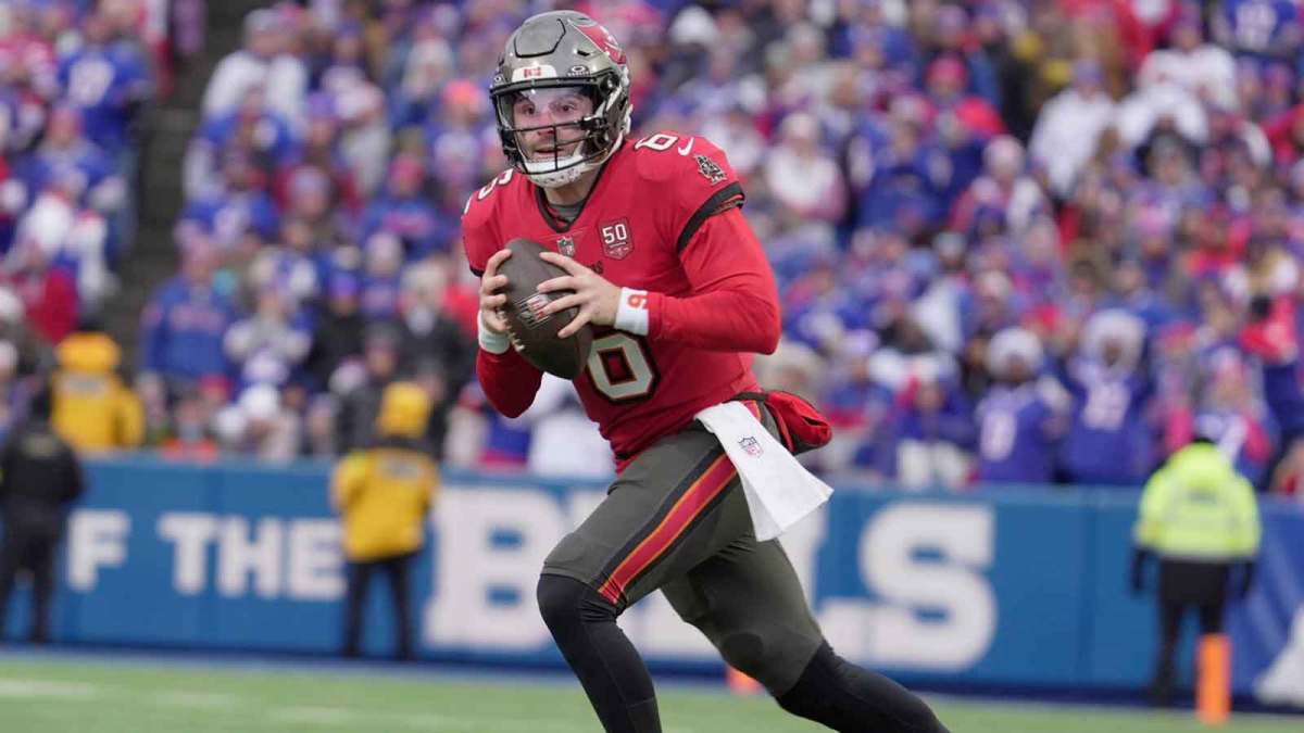 Tampa Bay Buccaneers quarterback Baker Mayfield runs laterally to find an open receiver during first half action against the Tampa Bay Buccaneers on Nov 16, 2025 at Highmark Stadium in Orchard Park.