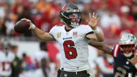 Tampa Bay Buccaneers quarterback Baker Mayfield (6) throws downfield during the third quarter against the New England Patriots at Raymond James Stadium