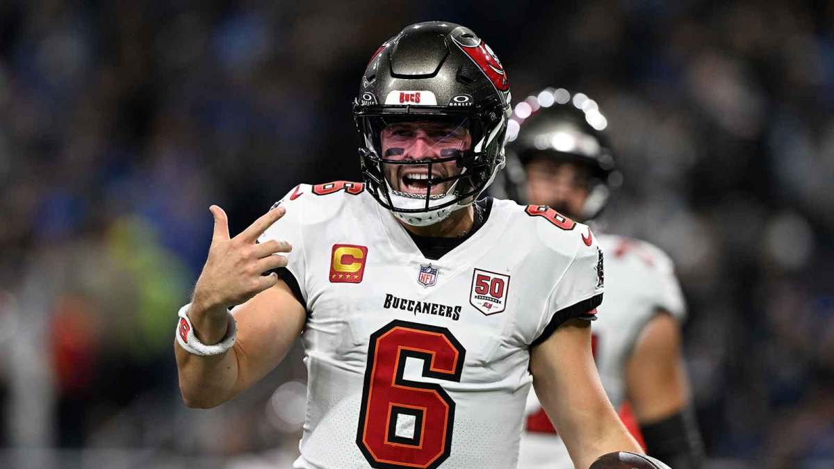 Tampa Bay Buccaneers quarterback Baker Mayfield (6) reacts against the Detroit Lions during the first half at Ford Field.