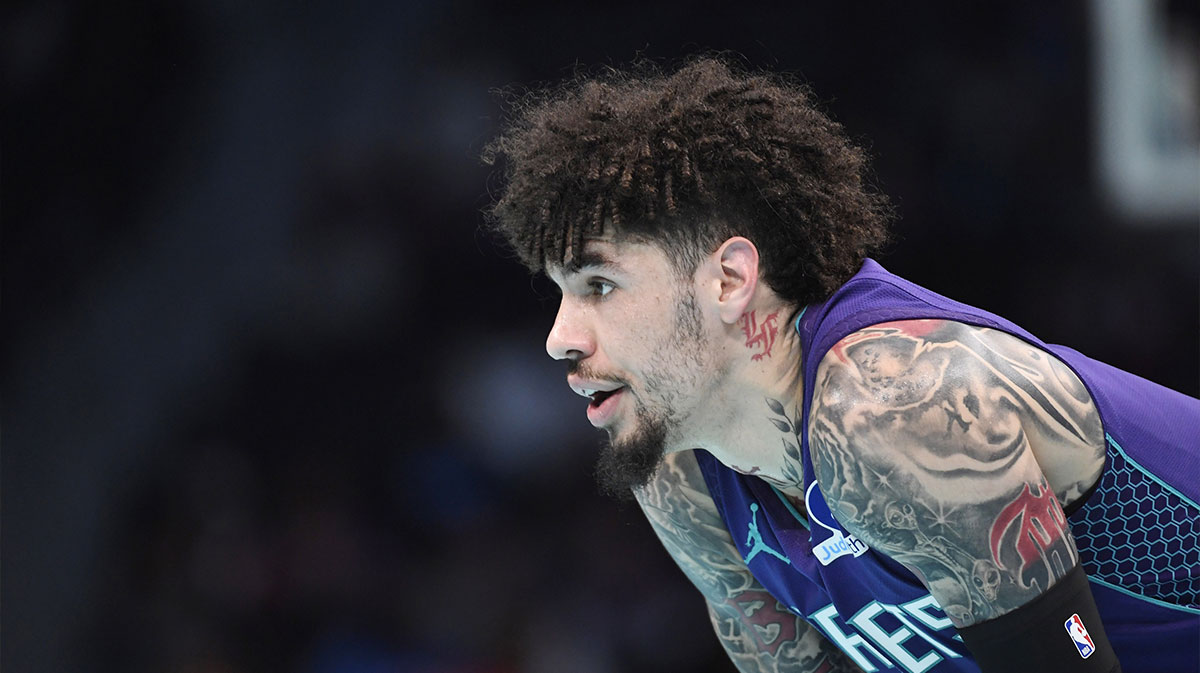 Charlotte Hornets guard LaMelo Ball (1) in a time out during the first half against the New York Knicks at the Spectrum Center.