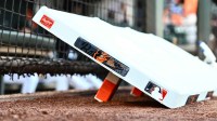 A detail view of the bases before the game between the Baltimore Orioles and the Houston Astros at Oriole Park at Camden Yards.