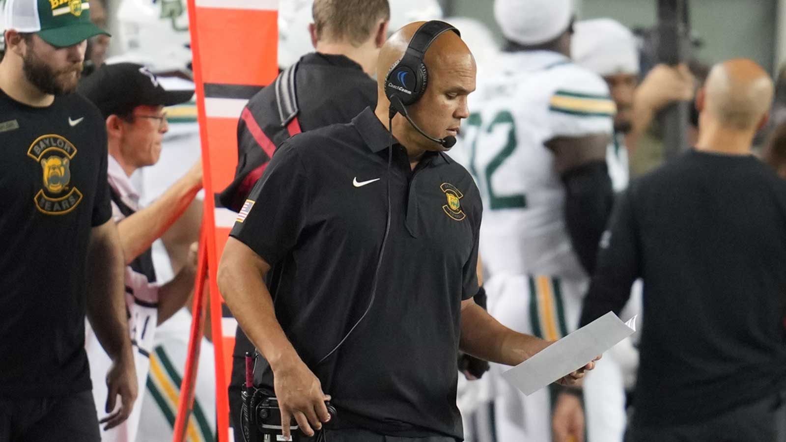 Baylor Bears head coach Dave Aranda reacts during the first half against the Utah Utes at McLane Stadium.