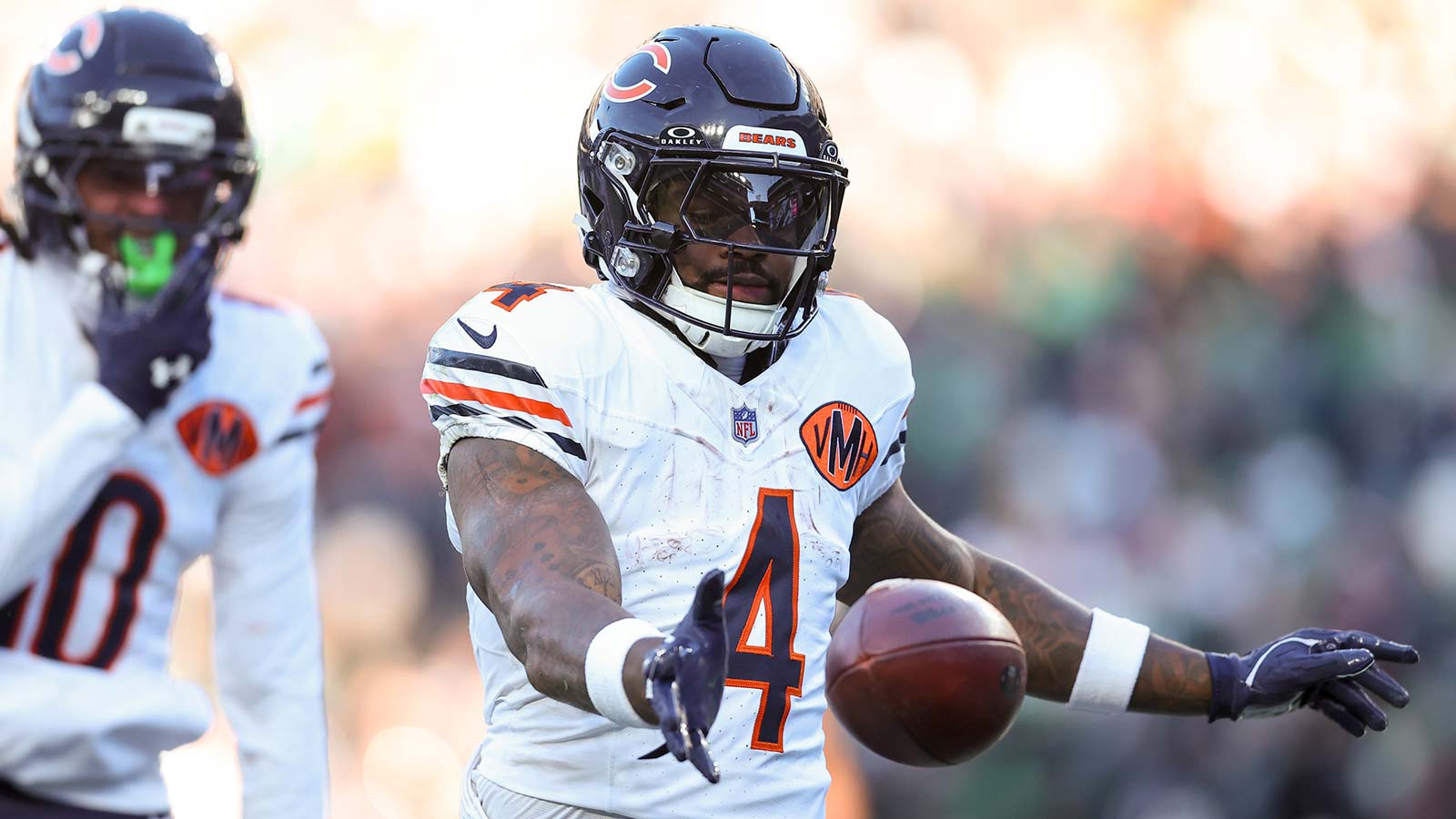 Chicago Bears running back D'Andre Swift (4) celebrates after scoring a touchdown against the Philadelphia Eagles during the first quarter of the game at Lincoln Financial Field.