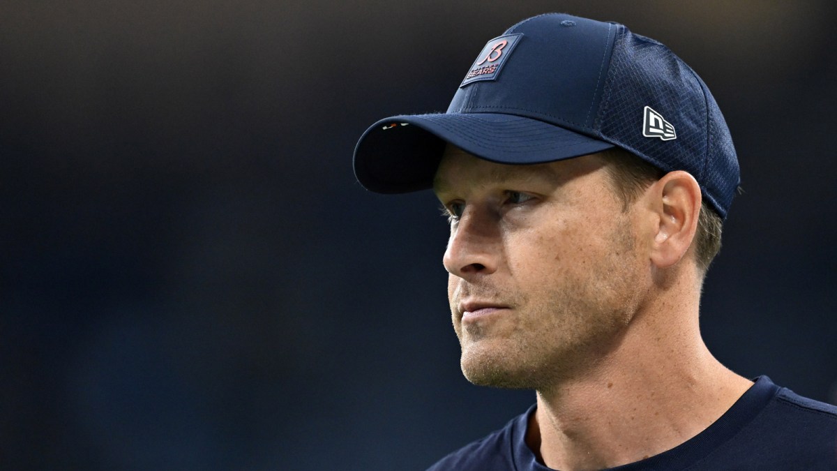 Chicago Bears head coach Ben Johnson looks on during warmups prior to the game against the Detroit Lions at Ford Field.