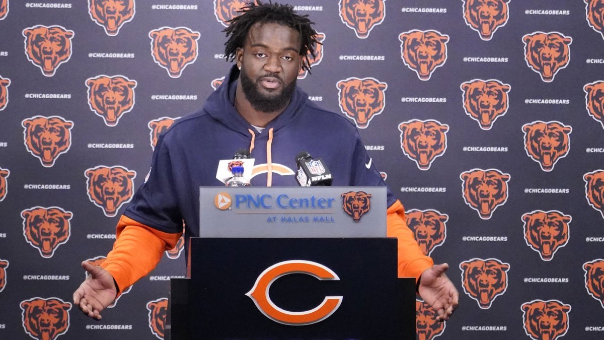 Chicago Bears linebacker Ruben Hyppolite III answers questions after rookie minicamp at Halas Hall.