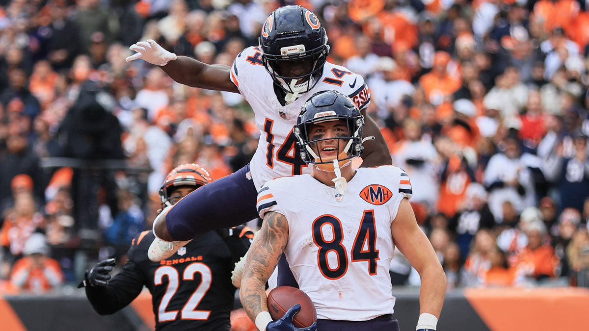 Nov 2, 2025; Cincinnati, Ohio, USA; Chicago Bears tight end Colston Loveland (84) celebrates with wide receiver Olamide Zaccheaus (14) after catching a 5-yard touchdown pass thrown by quarterback Caleb Williams (not pictured) against Cincinnati Bengals safety Geno Stone (22) during the third quarter at Paycor Stadium. Mandatory Credit: Katie Stratman-Imagn Images